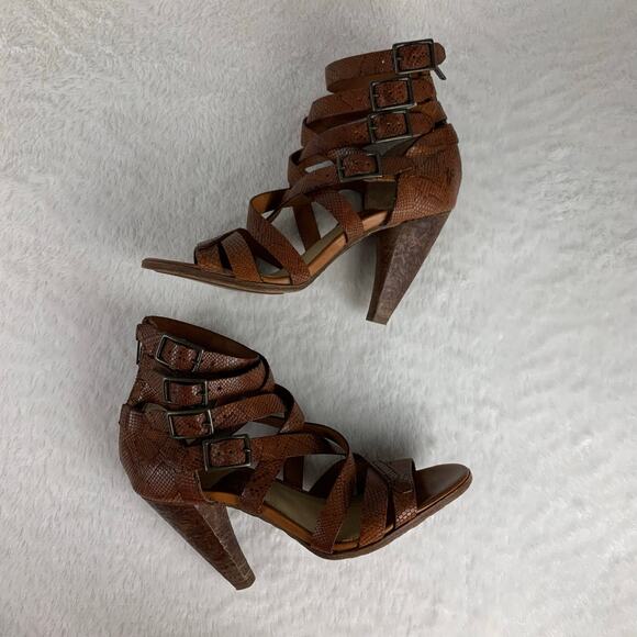 Frye Women's Mika Brown Leather Strappy Heels Size 7 - Picture 6 of 9